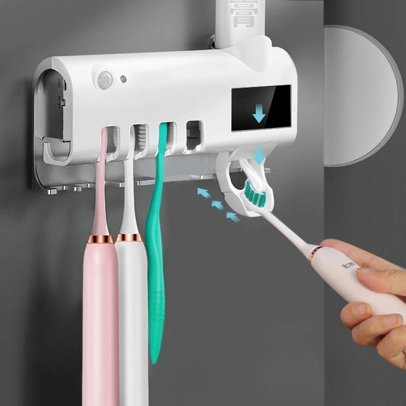 Smart Toothbrush Holder (Sleek White) - Auto Dispenser, USB Recharge, Wall - Mount, Multi - Brush, Vent, for Bathrooms