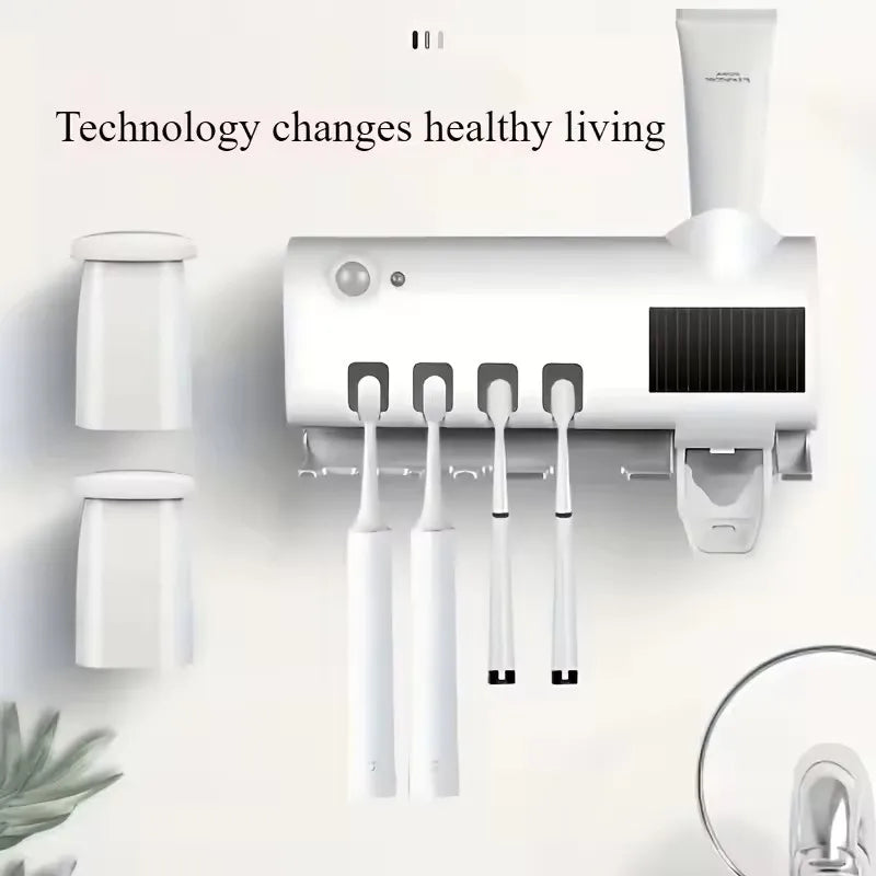 Smart Toothbrush Holder (Sleek White) - Auto Dispenser, USB Recharge, Wall - Mount, Multi - Brush, Vent, for Bathrooms